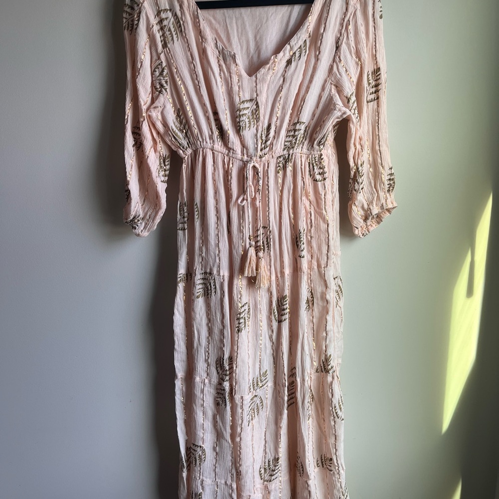 DNG boho Pink Leaf Print metallic gold  maxi dress 3/4 sleeves size small